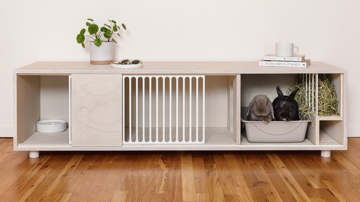 Load video: Furniture designed to easily share your home with free roam rabbits—live with your bunny beautifully.